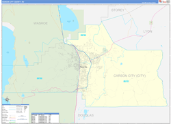 Carson City County, NV Wall Map Zip Code Basic Style 2024